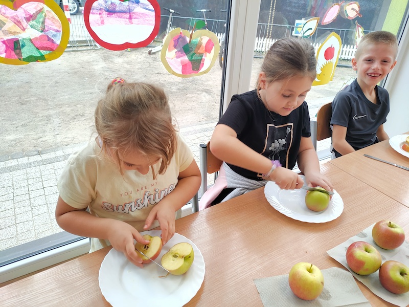 zdjęcie przedstawia dzieci krojące owoce