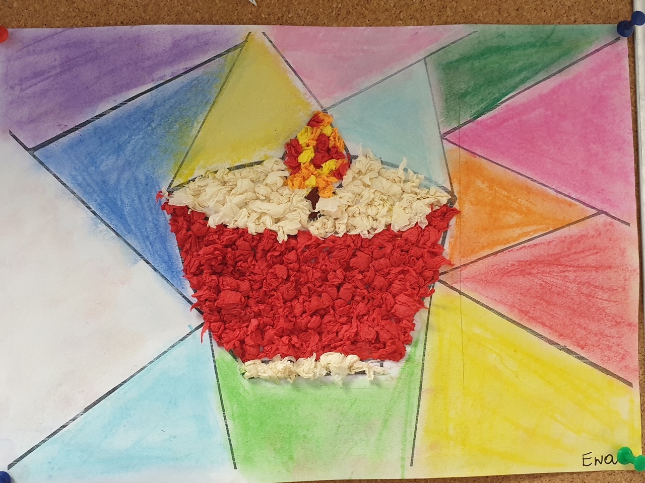 znicz wyklejony z kulek krepiny na kolorowym tle w formie witrażu