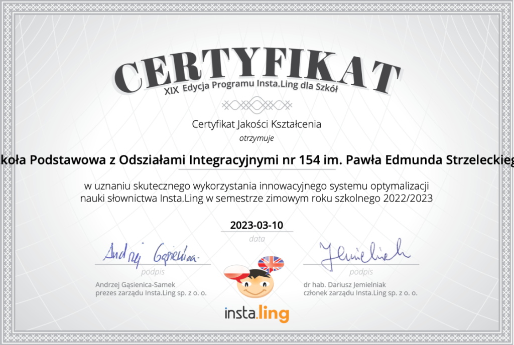 certyfikat instaling 2022/2023