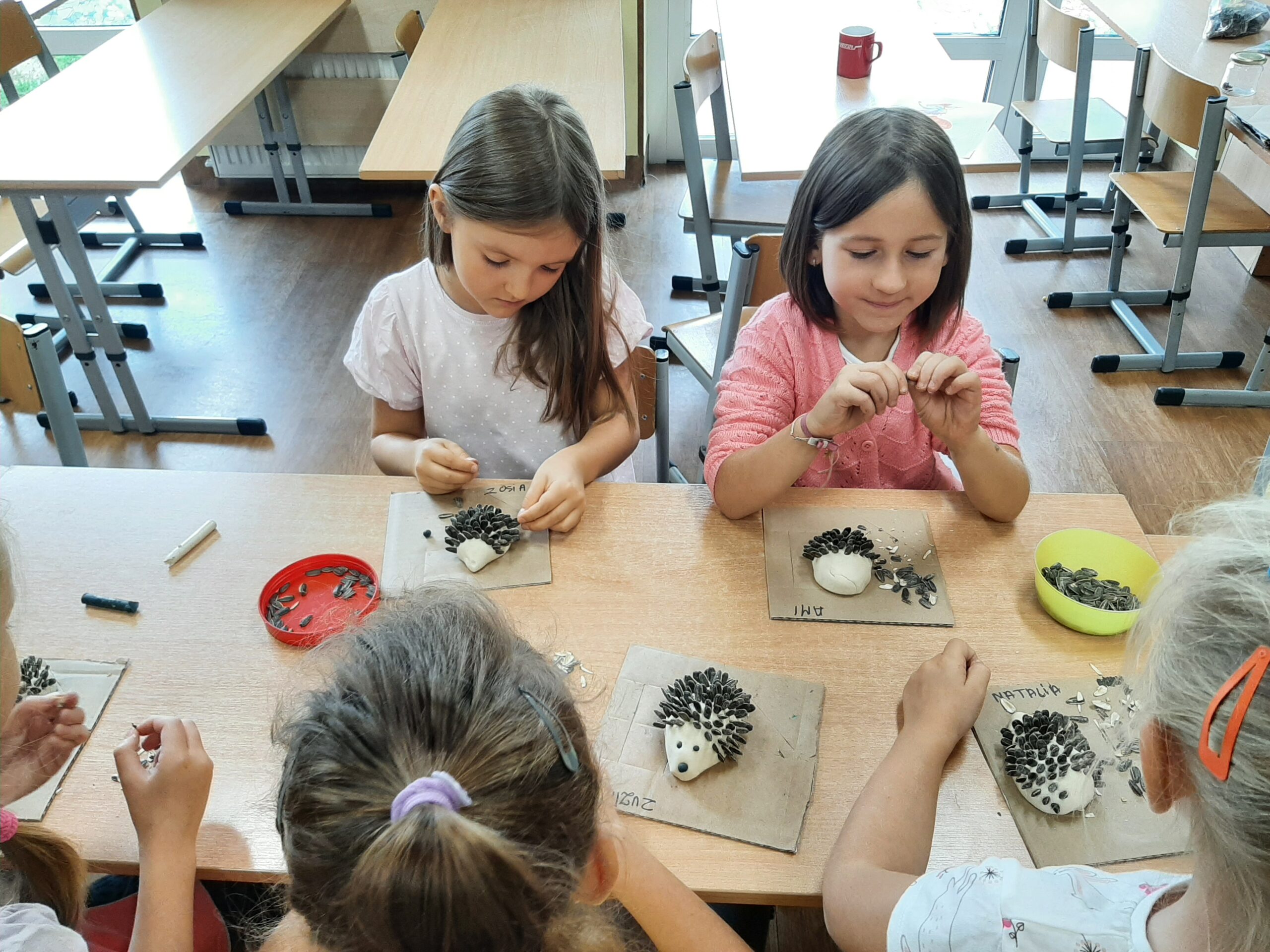 zdj .3 uczennice wbijają ziarnka słonecznika w masę